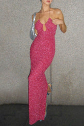 Pink Glitter Tie-back Slit Dress